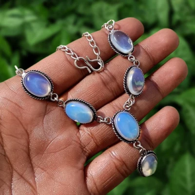 Nueva Llegada Cadena de Piedras Preciosas Opalita Sin Cuello Chapado en Plata 925 Joyería Hecha a Mano Foto 1 de 4