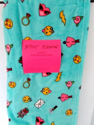 Manta de peluche Betsey Johnson Emoji Love 50 x 70 verde azulado de gran tamaño multi nueva con etiquetas Foto 1 de 4
