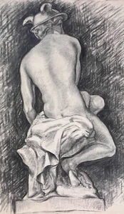 Antique Drawing Charcoal Portrait Nude Man Sculpture, Hat - Picture 1 of 6