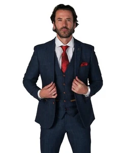 Men's Formal Tweed Herringbone Navy Suit 3PC Wedding Business Tailored Fit Set - Picture 1 of 12