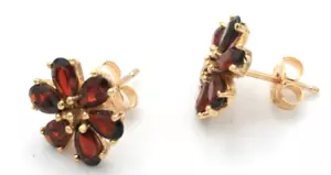 Vintage Garnet Flower Stud Earrings 14K Gold Pear Cut Cluster - Picture 1 of 5