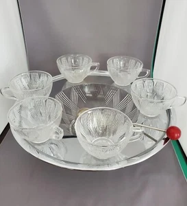 8 PC HAZEL ATLAS GLASS STARLIGHT CLEAR PUNCH BOWL, LADLE & 6 CUPS CHROME - Picture 1 of 20