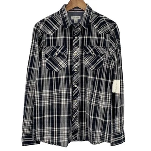 SUN STONE NWT Men's Long Sleeve Woven Snap Button Shirt Plaid Dark Lead Medium - Picture 1 of 5