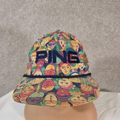 Vintage Ping Golf Hat All Over Print Made In USA Rope Colorful Faces People Fans - Image 1 of 4