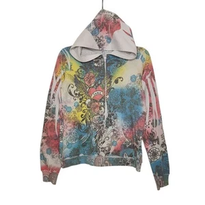 Vintage y2k Zip Hoodie Love All Over Ed Hardy McBling Style Sweatshirt Large - Picture 1 of 5