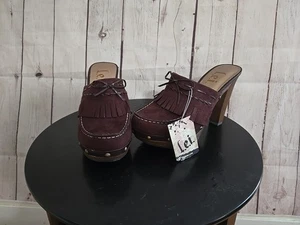 Vintage L.e.i. Clog Pantolette Absatz 90’s Y2K braun Plateau Nieten Kiltie Klappe Gr. 7 USA Neu mit Etikett - Bild 1 von 8