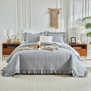 Ruffled Quilt Set Queen Size 96 * 96in - 3 Pieces Solid Shabby Chic Farmhouse... - Picture 1 of 9