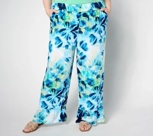 Denim & Co. Beach Regular Webkrepp Rüschensaum Strandhose Pfau Batik XL - Bild 1 von 1