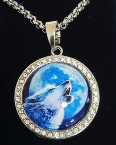 Wolf Howling at The Moon Pendant Necklace on 24" Stainless Steel Chain - Picture 1 of 5