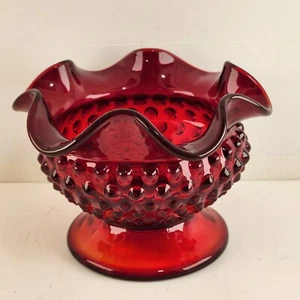 Fenton Old Virginia Glass Bowl Ruby Red Hobnail Footed Ruffled Edge Vintage 6"w - Picture 1 of 9
