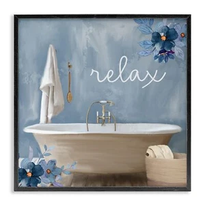Stupell Industries Blue Floral Relax Bathroom Scene Framed Wall Art, Design b... - Picture 1 of 9