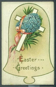 EASTER GREETING FORGET ME NOTS Egg Bell Cross Vintage 1912 Postcard - Picture 1 of 1