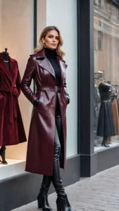 Alyana-447 Leadies Classic Red Long German Trench Coat Cowhide Leather - Picture 1 of 5
