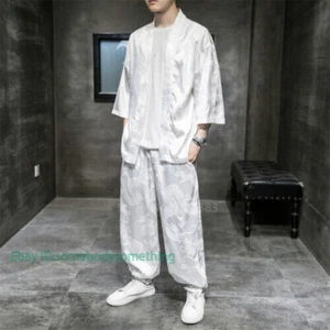 New Men's Japanese Kimono Set Fashion Summer Streetwear Dragon Embroidery - Picture 1 of 20