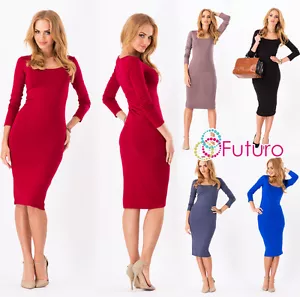 Women's Bodycon Scoop Neck Long Sleeve Tunic Pencil Dress Sizes 8-18 8994 - Picture 1 of 7