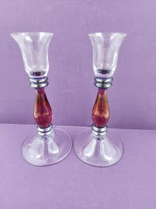 Pair Elegant Wavy Clear Glass Bowl Red/Cranberry Stem Candle Holders 7" - Picture 1 of 8