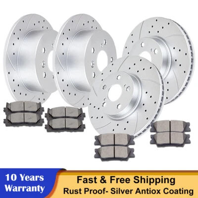 Fit 2012-2017 Toyota Camry Front Rear Drilled Brake Rotors + Ceramic Pads Brakes - Image 1 of 4