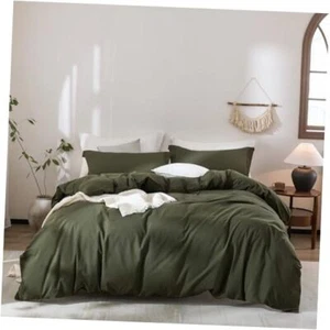 Olive Green Duvet Cover Queen Size, 100% Washed Cotton Bedding Set Cover 1 - Picture 1 of 7