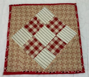 Vintage Patchwork Quilt Table Topper, Four Patch, Early Calico Prints, Red, Gold - Picture 1 of 11