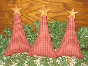 P rim Country Christmas Decor 3 Rustic Red Fabric Trees Bowl Fillers Rusty Stars - Picture 1 of 4