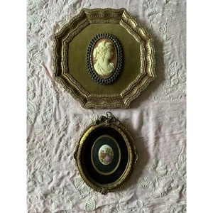 2 Vintage gerahmte Kamee Bilder oval gold gerahmt verziert viktorianisches Porzellan  - Bild 1 von 20