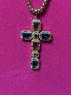 NWT Pretty Persuasions Cross Pendant Necklace Cut Glass Crystals Goldtone 31” - Image 1 of 4