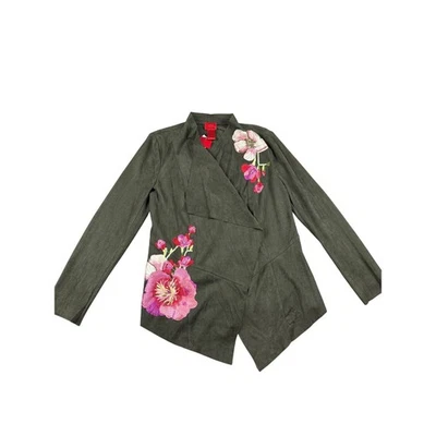 NWT V Cristina Olive Green Floral Embroidered Open Front Faux Suede Jacket M - Image 1 of 4