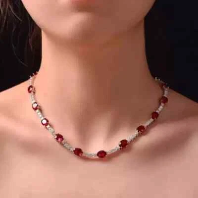 14Ct Oval Cut Lab Created  Ruby Women's Tennis Necklace 14K WhGold PLated 18” - Image 1 of 4