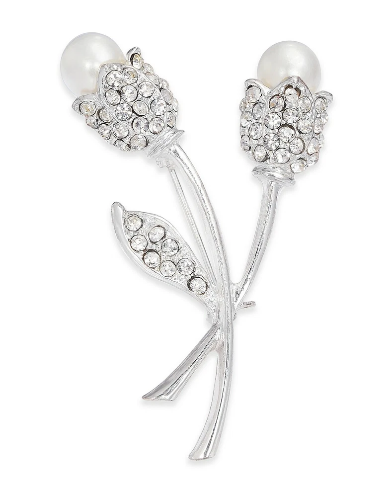 Charter Club Silver-tone Crystal & Kiska Pearl Tulip Pin Cl515