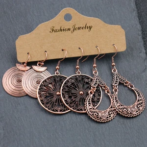 3Pair Vintage Red Copper Alloy Hook Drop Dangle Ethnic Women Tribal Earrings - Picture 1 of 5
