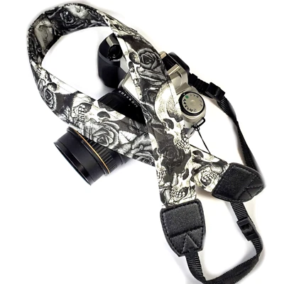 Skull Rose Camera Strap -Black White Camera Strap -Double Padded Comfortable - Image 1 of 4