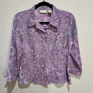 Vintage Apostrophe Women’s Blouse Size 8 - Purple Paisley Button-Up Long Sleeve - Picture 1 of 6