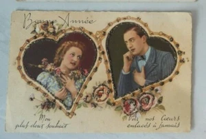 Postal Bonne Annee Love Hearts 1951 M D Paris Brillo aplicado - Imagen 1 de 2