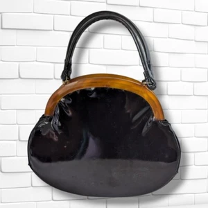 Vintage Lewis Black faux Patent leather lucite plastic handle handbag purse - Picture 1 of 10