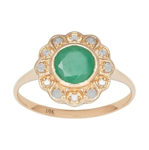 10k Yellow Gold Vintage Style Genuine Round Emerald and Diamond Halo Ring - Picture 1 of 5
