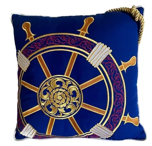 Blue & Gold Ship Wheel Throw Pillow w Accent Rope Nautical Filigree 19" Square - Picture 1 of 12