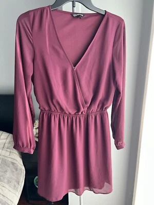 Express Women’s Dress Small Faux Wrap Mini V-Neck Long Sleeve Burgundy Casual - Image 1 of 4