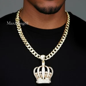 Herren Hip Hop König Krone CZ großer Anhänger & 10mm Kubanische Kette Halskette Schmuck - Bild 1 von 17