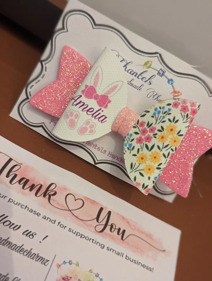 Handmade Personalised happy Easter Glitter Hair Bow Clip ( Any Name ) - Image 1 of 2