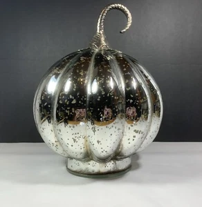 Silver Mercury Glass Pumpkin Metal Stem Fall Thanksgiving Decor - Picture 1 of 9