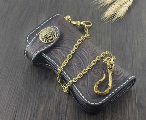 Vintage Handmade Biker Long Leather Tooled Carved Wallet Purse With Brass Chain