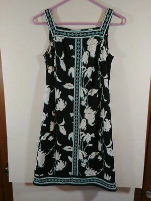 Vestido recto Mary McFadden negro blanco aguamarina floral sin mangas talla 2P, #1937 Foto 1 de 4