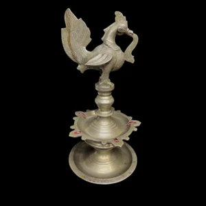 ANTIQUE TRADITIONAL INDIAN RITUAL BRONZE NICKEL SILVER PLATED PEACOCK OIL LAMP - Picture 1 of 7
