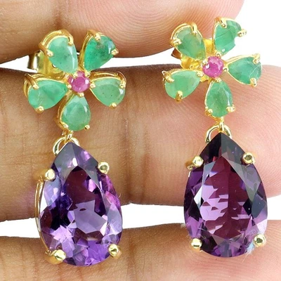925 Sterling Silver Earrings Pear Amethyst 15x10mm Emerald Ruby Gemstone Jewelry - Image 1 of 4