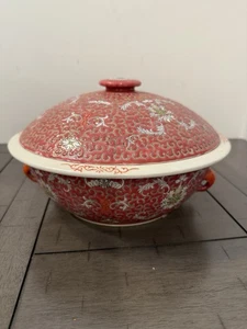 Chinese Mun Shou Famille Rose Lidded Casserole Dish 10” Vintage - Picture 1 of 7