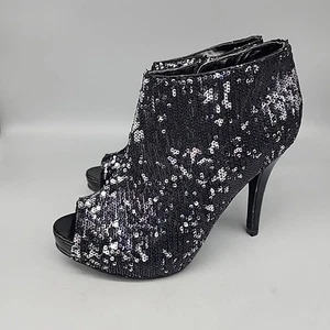 Frederick's Of Hollywood Peep Toe Sequin Ankle Boots Heels Shoes Black Size 8 - Picture 1 of 9