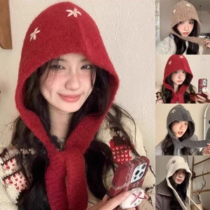 Women Balaclava Hat Woolen Knitted Neck Collar Beanies Pullover Cap Lace-up - Picture 1 of 23