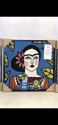 "Arte de pared textil tejido bordado estilo Frida mujer pájaros decoración boho 17""x17""" Foto 1 de 4