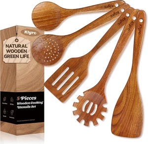 Set di Utensili da Cucina in Teak, 5 Pezzi Set di Utensili da Cucina in Legno Premium, Antiaderenti - Foto 1 di 12