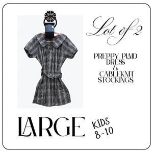Crissa Jeans Dress Girls Large 8-10 Gray Plaid + Cable Knit Stockings Lot 2 - Picture 1 of 4